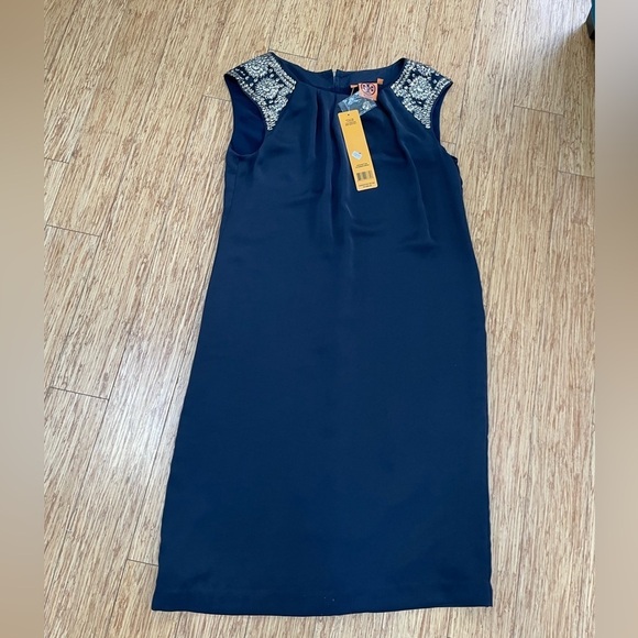 Tory Burch, sleeveless navy dress w/embellishments on shoulders, exposed zipper - Picture 2 of 4